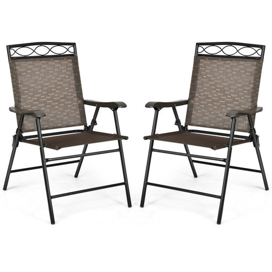 Set of 2 Patio Folding Chairs Sling Portable Dining Chair Set with Armrest