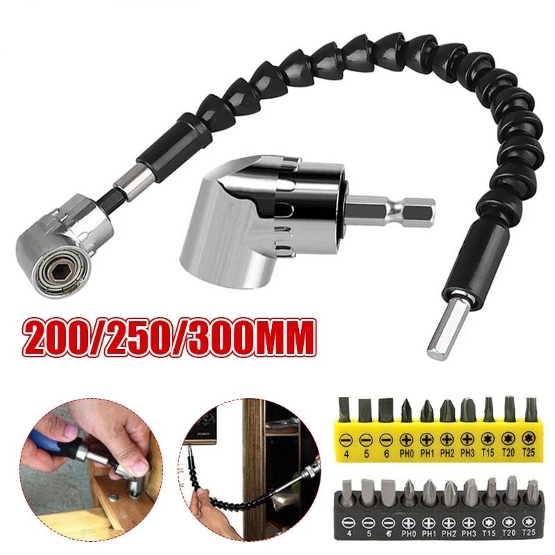 105 Degree Right Angle Drill Attachment and Flexible Angle Extension Bit Kit for Drill Or Screwdriver 1/4&quot; Socket Adapter Tools