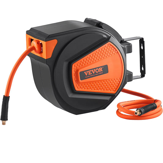 VEVOR Retractable Air Hose Reel, 3/8 IN x 50 FT Hybrid Air Hose Max 300PSI, Air Compressor Hose Reel with 5 ft Lead in, Ceiling / Wall Mount Enclosed Air Reel, 180° Swivel Mount